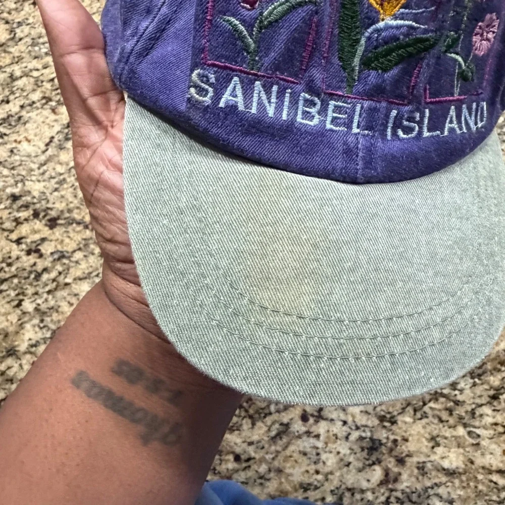 SCI Junior Sanibel Island Embroidered Floral Hat Girls Purple Green Cotton Cap